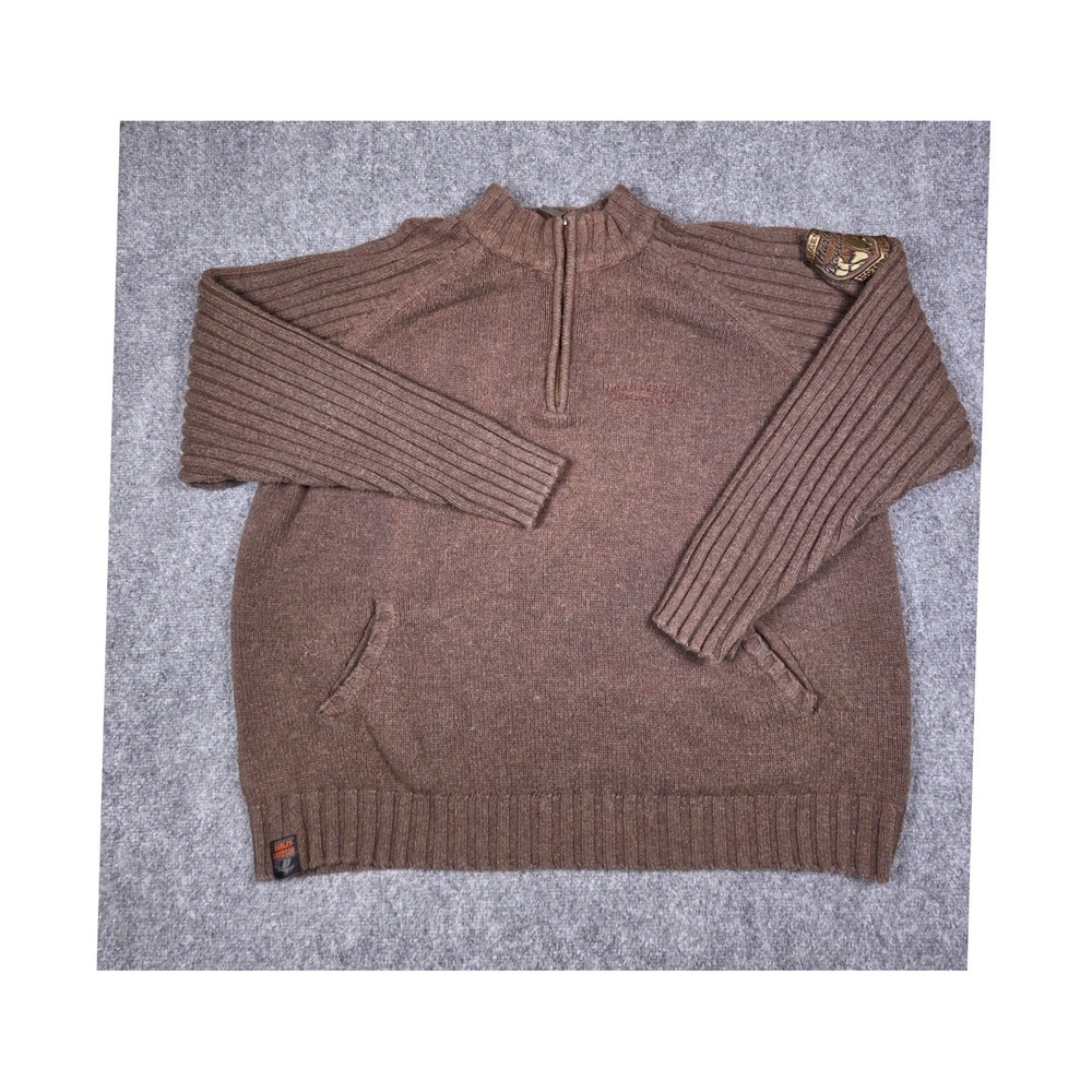 Harley-Davidson Sweater Mens 2XL Brown Knit Wool Blend Patch Logo Long Sleeve